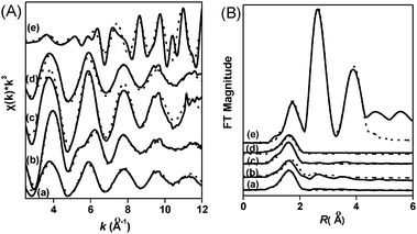 (A) k3-weighted observed (—) and fitted () Co K-edge EXAFS spectra of (a) Co-MOR-ex, (b) Co-MOR, (c) CoFe-MOR-ex, (d) CoFe-MOR and (e) CoO. (B) Cobalt RSFs (radial structural functions) for (a) Co-MOR-ex, (b) Co-MOR, (c) CoFe-MOR-ex, (d) CoFe-MOR and (e) CoO. The peak positions are uncorrected for phase shifts.