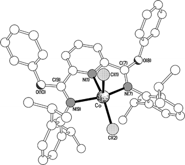 The molecular structure of [Co(5)Cl2]. Selected bond lengths (Å) and angles (°); Co–Cl(1) 2.2954(15), Co–Cl(2) 2.2300(14), Co–N(1) 2.048(4), Co–N(7) 2.197(4), Co–N(9) 2.194(4), Cl(1)–Co–Cl(2) 115.82(7), Cl(1)–Co–N(1) 88.19(12), Cl(1)–Co–N(7) 104.78(11), Cl(1)–Co–N(9) 100.43(11), Cl(2)–Co–N(1) 155.81(12), Cl(2)–Co–N(7) 100.43(11), Cl(2)–Co–N(9) 96.72(11), N(1)–Co–N(7) 74.49(15), N(1)–Co–N(9) 74.79(15), N(7)–Co–N(9) 139.18(15).