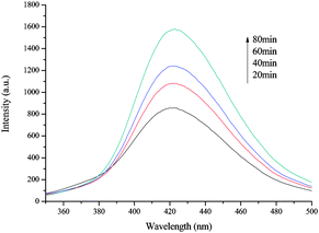 ˙OH radical trapping fluorescence spectra on terephthalic acid solution with F2. Reaction conditions: terephthalic acid solution = 100 mL, terephthalic acid concentration = 2 mM, Fe2O3 amount = 0.05 g, room temperature.