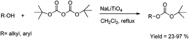 
          O-tert-butoxycarbonylation of hydroxy compounds.