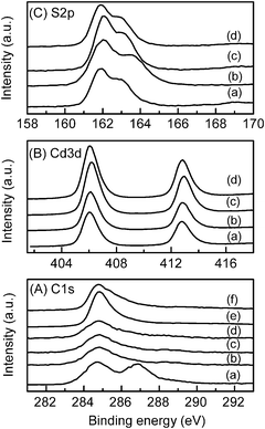 XPS spectra. (A) C 1s: (a) GO, (b) RGO, (c) CdS–RGO (CdS : RGO = 1 : 0.01), (d) CdS–RGO (CdS : RGO = 1 : 0.01) after reaction, (e) CNT, (f) CdS–CNT (CdS : CNT = 1 : 0.05). (B) Cd 3d: (a) CdS, (b) CdS–RGO (CdS : RGO = 1 : 0.01), (c) CdS–RGO (CdS : RGO = 1 : 0.01) after reaction, (d) CdS–CNT (CdS : CNT = 1 : 0.05). (C) S 2p: (a) CdS, (b) CdS–RGO (CdS : RGO = 1 : 0.01), (c) CdS–RGO (CdS : RGO = 1 : 0.01) after reaction, (d) CdS–CNT (CdS : CNT = 1 : 0.05).