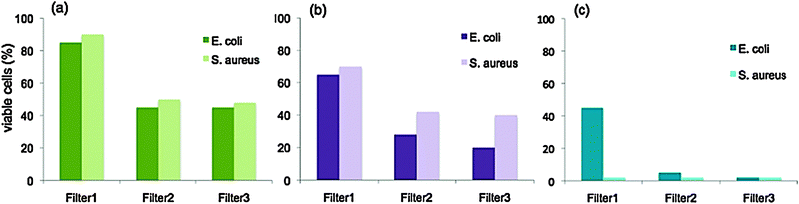 Concentration of viable cells expressed as a percentage of the concentration of bacterial cells in the water before passing through the filter (a) in the dark, (b) under halogen light illumination at 8.8 klux and (c) under sunlight at 53 klux.