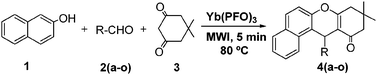 Yb(PFO)3 catalyzed neat synthesis of tetrahydrobenzo[a]xanthenes-11-ones.