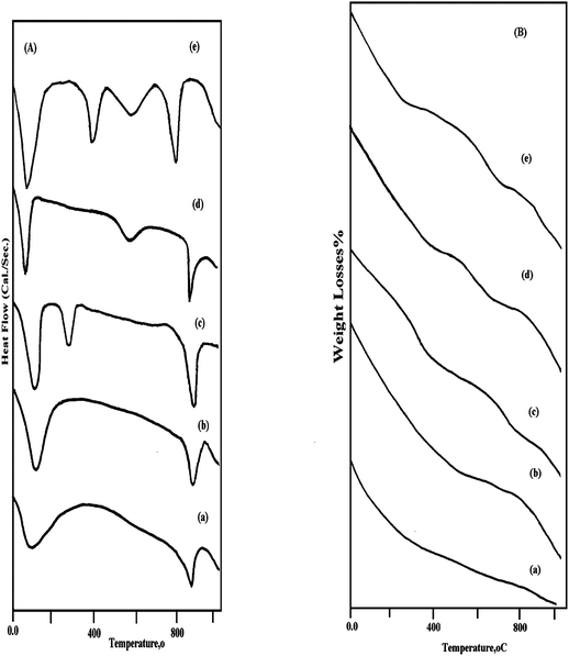 (A) Differential scanning calorimetery profile and (B) Thermogravimetric analysis for the prepared: (a) Hap, (b) ZnHapIm1, (c) ZnHapIm2, (d) Zn HapIon1, (e) Zn HapIon2.