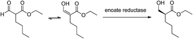 Enzymatic reduction of 2-formylhexanoic acid.