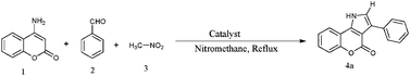 Synthesis of pyrrole core containing coumarin derivatives via three component coupling of benzaldehyde, nitromethane and 4-aminocoumarin.