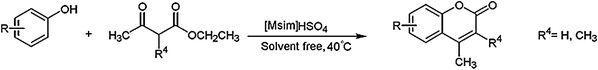The synthesis of substituted coumarins in the presence of [Msim]HSO4 at 40 °C under solvent-free conditions.