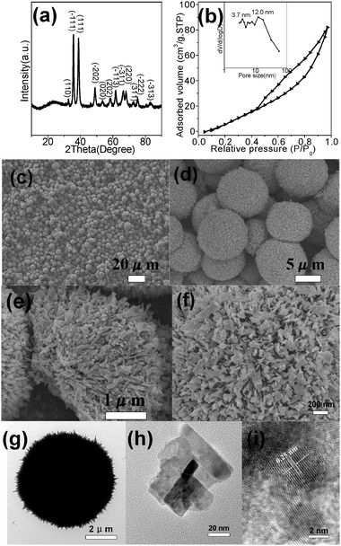 Characterization of HD–CuO (sample S6 in Table 1): (a) XRD pattern, (b) N2 adsorption–desorption isotherm (inset is its BJH-PSD curve), (c, d) SEM images with different magnifications, (e) SEM image of the internal structure, (f) SEM image of the surface structure, (g) TEM image of single microsphere, (h) TEM image of CuO nanoribbon and (i) HRTEM image on the edge of CuO nanoribbon.