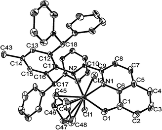 ORTEP drawing of complex C2 with thermal ellipsoids at 30% probability level. Hydrogen atoms have been omitted for clarity.