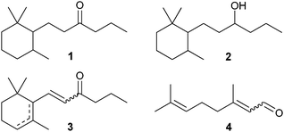 Compounds relevant for the synthesis of timberone (1).