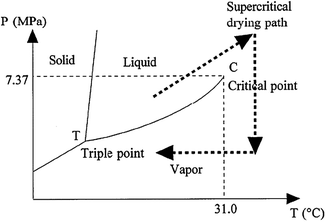 Supercritical drying path in the pressure (P)–temperature (T) phase diagram of CO2. Reprinted with permission from ref. 92. Copyright 2002, American Chemical Society.