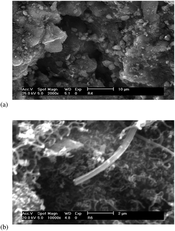 SEM images of Ru/Al2O3 after ESR (a) at 773 K and (b) at 873 K.