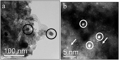 Representative BF-TEM (a) showing Au nanoparticles (circled in black) and STEM-HAADF images (b) showing 1–2 nm Au clusters (circled in white) and isolated atoms (white arrows) of the unused 2.5 wt% Au/MgO sample calcined at 400 °C.