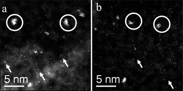 STEM-HAADF images of 1.0 wt% Au/MgO calcined at (a) 200 °C and (b) 400°C. Similar population densities of 1–2 nm Au clusters (circled in white) and isolated atoms (white arrows) were found in both samples, making them virtually indistinguishable from each other.