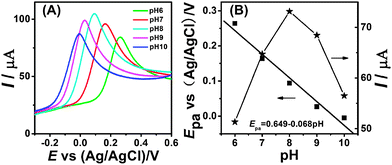 (A) Linear sweep voltammetry curves of M-CNF-Au/GCE in 0.1 M PBS containing 2 mM hydrazine at different pH values: 6.0; 7.0; 8.0; 9.0; 10.0. (B) Dependence of the peak potentials and peak currents with pH.