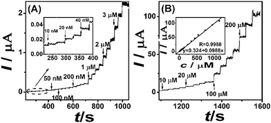 (A) (B) Current–time curves for M-CNF-Au/GCE with successive additions of different concentrations hydrazine in 0.1 M PBS (pH 7.0). Inset in (B): Calibration curves for hydrazine. Operating potential: 0.17 V.