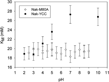 
          K
          M of reaction (1)vs. pH for the solid catalysts Nak-M80A and Nak-YCC at 25 °C. Nak-YCC data are from ref. 12.