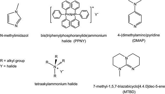 Co-catalysts employed in the reaction of CO2 with epoxides.