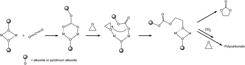 Reaction of CO2 with epoxides: bimetallic pathway with complexes containing two adjacent metal centres and –OR groups.