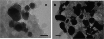 TEM images of the 4-aminothiophenol-protected Au-NP catalyst after the 1st (a) and 2nd (b) oxidation of benzoin. The Au-NPs were deposited from the separated and concentrated aqueous layer after the removal of the organic products. Scale bar is 50 nm.