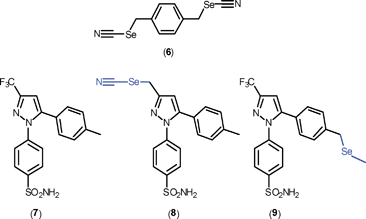 Chemical structures of 1,4-phenylenebis(methylene)-selenocyanate (6), Celecoxib (7), and selenium derivatives of Celecoxib derivatised at the original CF3 group, (8), and derivatised at the original CH3 group, (9).