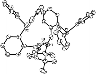 Ortep view of the molecular structure of [1·H]+. For clarity the PF6− anion is not shown. Thermal ellipsoids are drawn at 50% probability, hydrogens are omitted for clarity. Selected bond lengths (Å) and angles (°) for [1·H]+: C1–N1 1.334(7), C1–N2 1.316(8), N1–C1–N2 122.7(6).