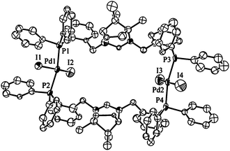 Ortep view of the molecular structure of 6. Thermal ellipsoids are drawn at 50% probability, hydrogens are omitted for clarity. Selected bond lengths (Å) and angles (°) for 6: Pd1–P1 2.321(7), Pd1–P2 2.330(6), Pd1–I1 2.632(2), Pd1–I2 2.592(3), Pd2–P3 2.362(7) Pd2–P4 2.295(6), Pd2–I3 2.565(2), Pd2–I4 2.531(3), P1–Pd1–P2 166.36(18), I1–Pd1–I2 168.06(8), P1–Pd1–I1 88.31(17), P1–Pd1–I2 91.13(18), P3–Pd2–P4 167.69(17), I3–Pd2–I4 168.95(9), P3–Pd2–I3 91.30(18), P3–Pd2–I4 87.23(17).