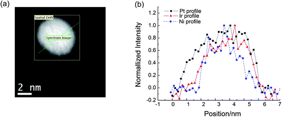 (a) A representative HAADF-STEM image of a PtML/IrNi/C nanoparticle after potential cycling test. (b) A comparison of the corresponding HAADF Pt (black), Ir (red) and Ni (blue) EELS intensity profiles in a line scan indicated.