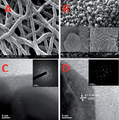 
            SEM images (A & B) and HRTEM images (C & D) of fibers and flowers, respectively. Insets: (B) magnified SEM images of the flower morphology; (C) selected area electron diffraction (SAED) pattern showing polycrystalline rings; and (D) SAED pattern of flowers showing single crystalline spotty patterns.