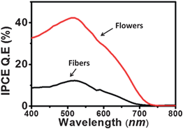 Photoaction spectra (IPCE) of the DSCs using flowers and fibers.