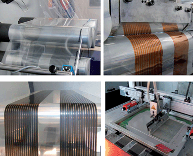 Photographs of ITO-free polymer solar cells prepared entirely using roll-to-roll processing from solution. The width of the web is 305 mm and two modules comprising 16 serially connected cells are coated and printed simultaneously. The coated semi-transparent front electrode is cured (top left). The active layer is slot-die-coated on top of the transparent front electrode coated with zinc oxide, seen as the orange brown colour of the wet film (top right). The semi-transparent hole transport layer is coated and dried on top of the stack (bottom left). Finally, a silver or carbon based back electrode is screen printed to complete the modules (bottom right, here shown as silver).