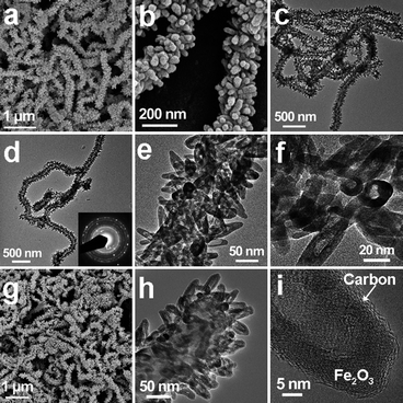 (a and b) FESEM images and (c and d) TEM images of CNT@Fe2O3 hierarchical structures; (e and f) TEM images revealing the formation of hollow nanohorns on CNT backbones; (g) FESEM image and (h) TEM image of carbon-coated CNT@Fe2O3 hierarchical structures; (i) HRTEM image of uniform carbon nanocoating on α-Fe2O3 hollow nanohorns.