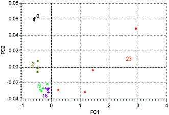 The degradation pathway in PC-space of 1B3MI, with data points labelled (by colour) with number of days of ageing.