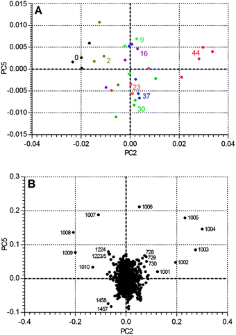 The Degradation Pathway in PC-space of BTMA, with (A) data points labelled with number of days of ageing, and (B) a plot of the two significant PCs (PC5 vs. PC2) with selected data labelled by wavenumber.