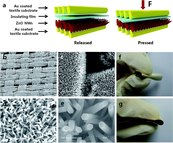 Schematics and SEM images of a textile electrostatic–piezoelectric hybrid nanogenerator. (a) Schematics of a textile electrostatic–piezoelectric hybrid nanogenerator, (b and c) large-area SEM images of ZnO NWs grown on a textile substrate, (d and e) high-resolution SEM images of ZnO NWs grown on a textile substrate, and (f and g) photographic images of a textile substrate after its rolling and folding.