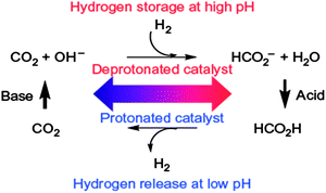 Reversible H2 storage is achieved by switching the pH to protonate or deprotonate the catalyst. Reprinted with permission from ref. 312. Copyright 2012 Nature Publishing Group.