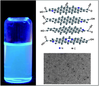 A photograph of the N-GQD solution in water under 365 nm UV irradiation (left), the possible structure of an O-rich N-GQD (not drawn to scale), and TEM image of the as-prepared N-GQDs (bottom right). (Reprinted with permission from ref. 53. Copyright 2012 American Chemical Society.)