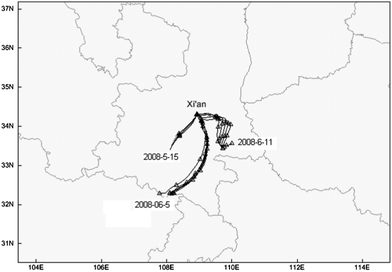 24 h air mass back-trajectory of ozone pollution episodes on May 15 (15:00–18:00 LST), June 5 (14:00–19:00 LST) and 11 (14:00–18:00 LST).