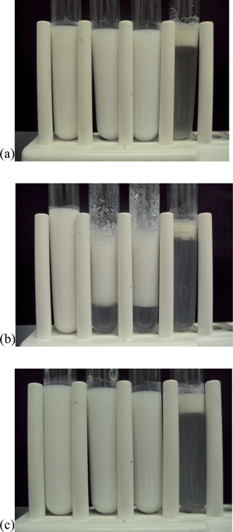 Photographs of emulsion samples passed throughout a simulated GIT model containing no pepsin. Emulsion type: (a) LF-coated droplets; (b) LF-alginate-coated droplets; (c) LF-pectin-coated droplets (HM-pectin and LM-pectin showed similar behavior). From left-to-right: initial emulsion (pH 5); beginning of stomach phase (pH 2.5); end of stomach phase (pH 2.5); end of small intestine phase (pH 7).