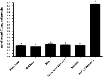 The concentration of metallothionein (via a Cd binding assay) in Caco-2 cells incubated with either 50 μM of ZnCl2 or an in vitro digest of white beans, red beans, fish and a 1 : 1 mixture of white beans and fish. The baseline indicates the Caco-2 cell metallothionein levels without the addition of a food digest or ZnCl2 (values are mean ± SEM, n = 6).