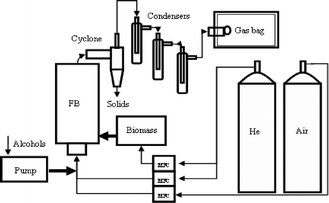 The schematic of the fluidized bed reactor system for catalytic fast pyrolysis of biomass and alcohols.