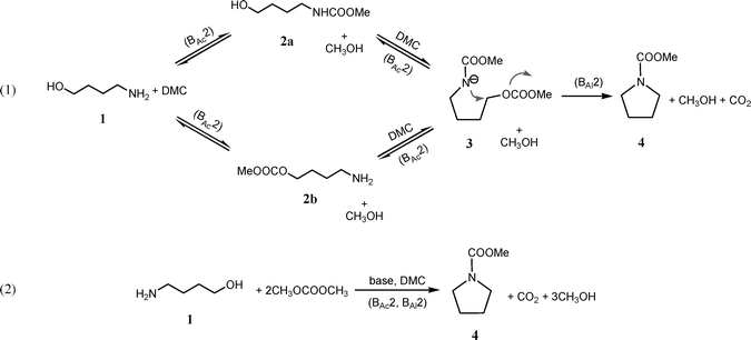 
          Intramolecular N-heterocyclisation of 4-amino-1-butanol 1 to form the N-carboxymethyl pyrrolidine 4; (eqn (1)) Reaction mechanism; (eqn (2)) Stoichiometry of the reaction.