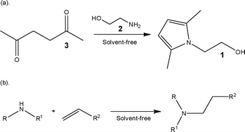 Illustration of solvent-free reactions performed under continuous flow conditions.