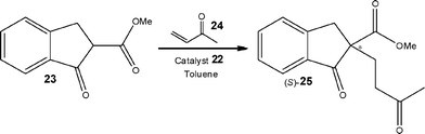 Illustration of a polymer-supported cinchonidine derivative 22 used to promote the enantioselective Michael addition in a packed-bed reactor.