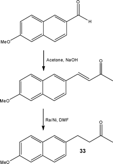 Two-step synthesis of Nabumetone 33 developed using microwave reactors and scaled using flow reactors.