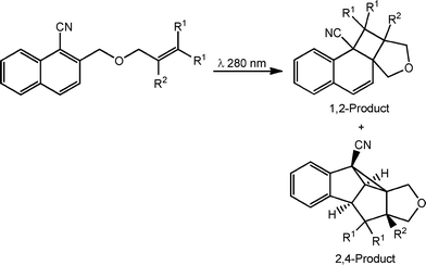 Illustration of the intramolecular [2+2] and [2+3] photocycloaddition reactions of 2-(2-alkenyloxymethyl)-naphthalene-1-carbonitriles performed under flow conditions.