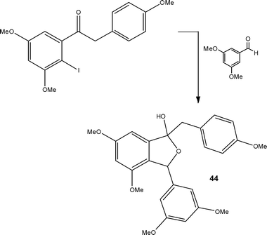 Illustration of the protecting group free synthesis of derivative 44, a key component in the synthesis of Pauciflorol F 45.
