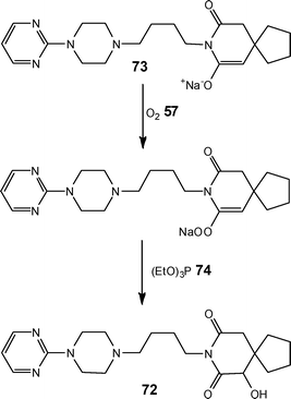 Illustration of the synthetic route developed for the continuous processing of 6-hydroxybuspirone 72.