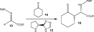 Continuous flow Mannich reaction performed using an organocatalyst 12.