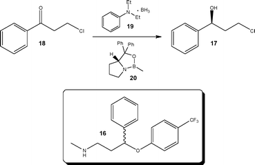 Enantioselective synthesis of a secondary alcohol 17 used in the synthesis of (±)-fluoxetine 16.